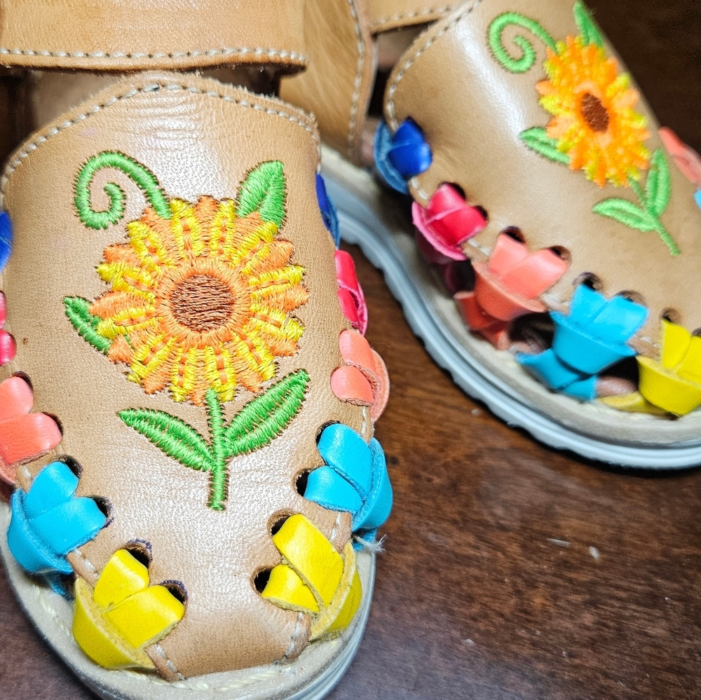 Kids Tan Sandals with Colorful Floral Design